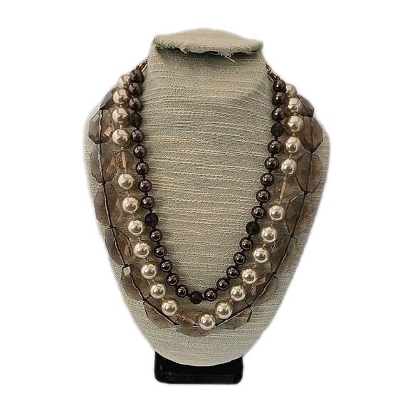 Stella & Dot Triple Strands Faux Glass  Pearl & Acrylic Brown Beads Necklace - Picture 6 of 9